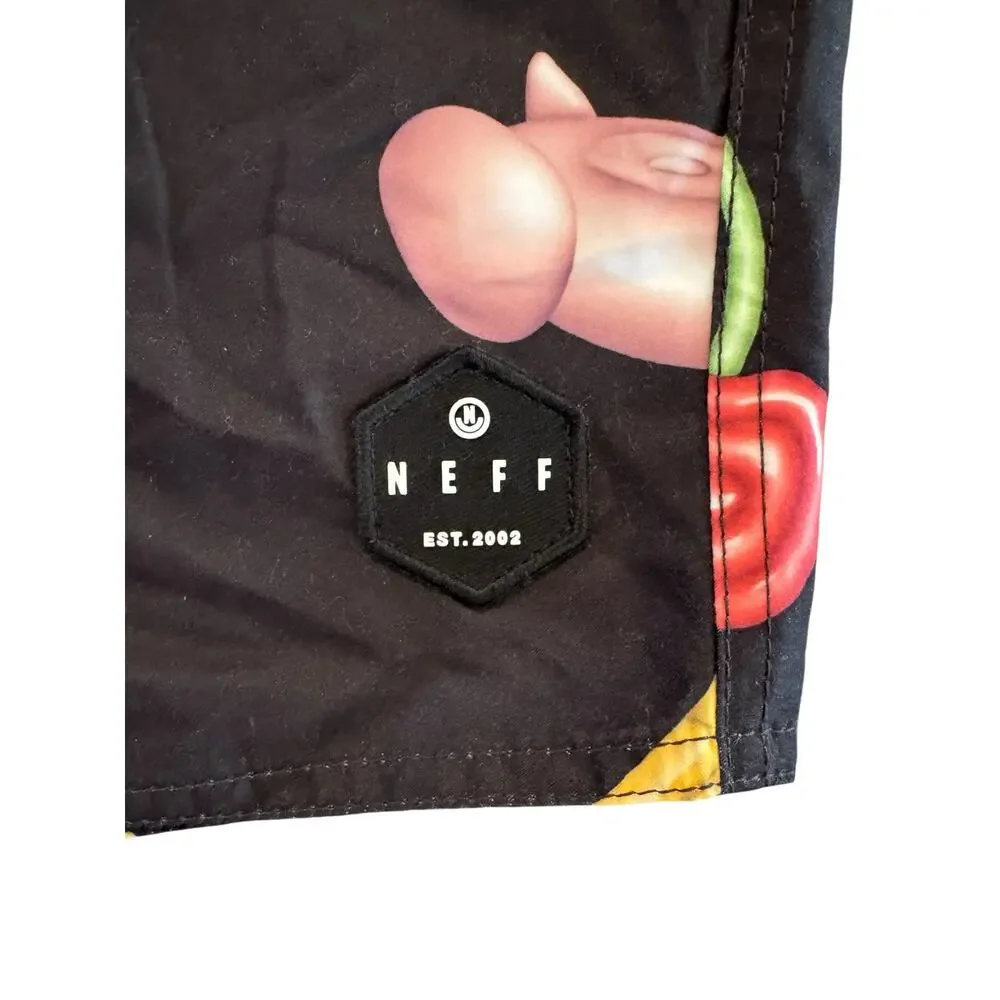 NWT NEFF XL Black Novelty Print Swim Trunks 19” Board Shorts Cherry Flamingo